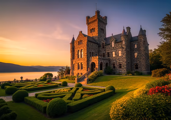 The impressive stone exterior of Belhurst Castle on Seneca Lake, a historic and unique hotel.
