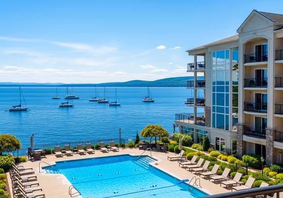 A luxury resort pool and patio area overlooking the sparkling waters of Canandaigua Lake.