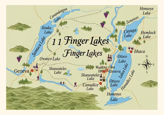 An illustrated map of the Finger Lakes region in New York, highlighting the eleven major lakes and key towns.