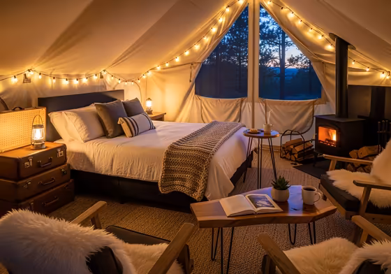 The stylish and comfortable interior of a glamping safari tent, with a queen-sized bed, nice furniture, and a wood stove.