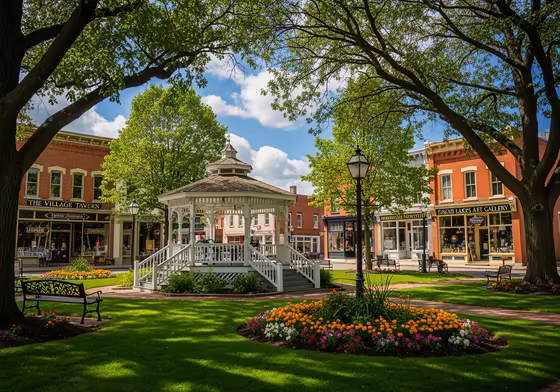 The charming village square of Hammondsport, NY, with a gazebo in the park and historic storefronts.
