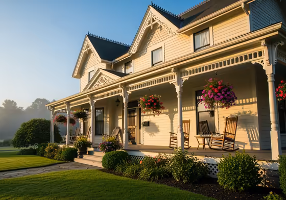 A charming historic Bed & Breakfast with a welcoming front porch, rocking chairs, and hanging flower baskets.