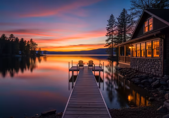A cozy lakeside cottage with a private dock extending into a calm Finger Lakes lake at sunset.