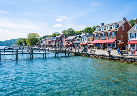 The picturesque and pristine village waterfront of Skaneateles, NY, with clear blue water and historic buildings.